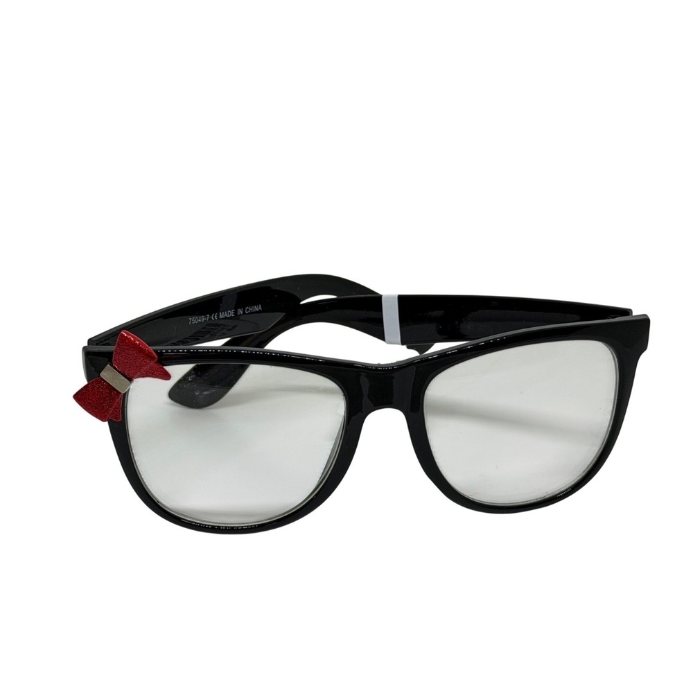 Icing Girl Clear Lens Glasses Black Frames Cute Red Glitter Ribbon Bow Accessory